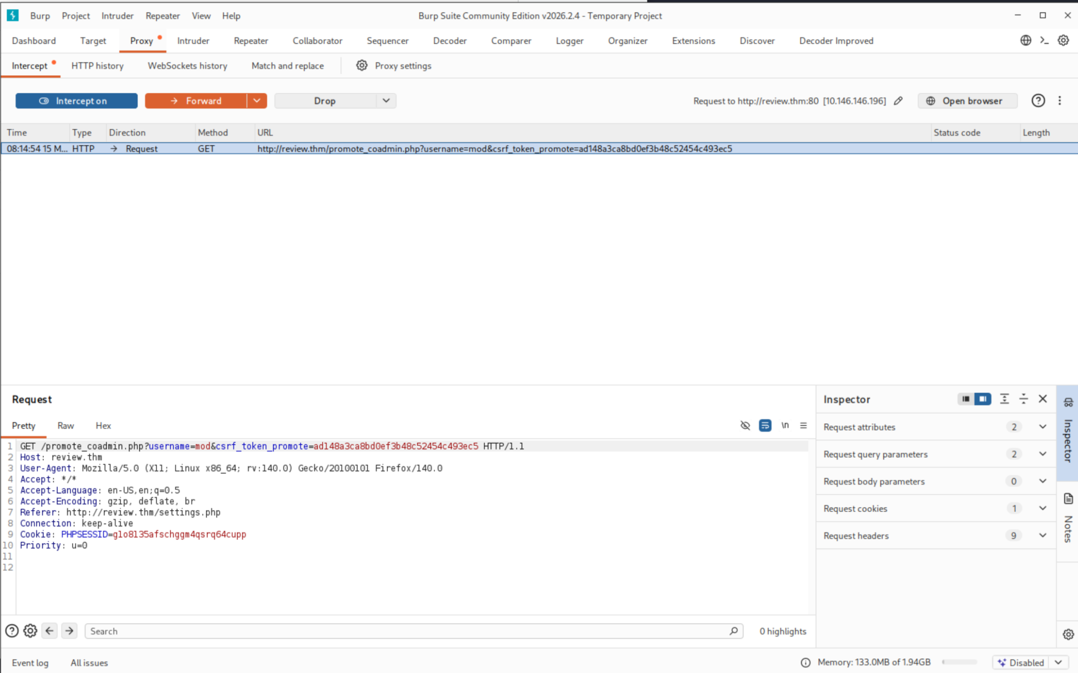 Burp intercepted GET request showing CSRF_token_promote parameter